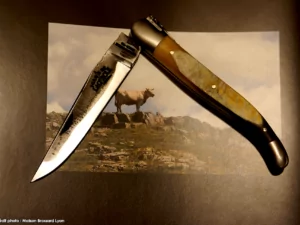 Forge de Laguiole – Collection – Corne de Vache d’Aubrac et Double Platines ciselées main Lame brut de forge 02