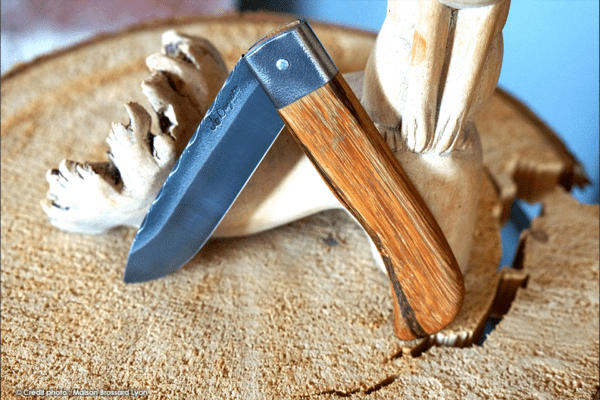 Frédéric Maschio Le Bugiste Ain France Manche en bois de serpent Lame acier carbone 90MCV8 Dos de lame guilloché main
