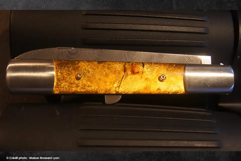 Le XVIIème par Eric Depeyre - Manche Ambre et Feuilles d'Or - Lame et Pompe Centrale Damas "TWIST" Inox – Image 2