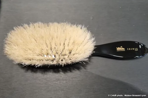 brosse cheveux montage main france 11 rangess soies douces blanches manche noir laque 02