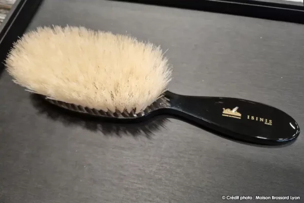 brosse cheveux montage main france 11 rangess soies douces blanches manche noir laque 03