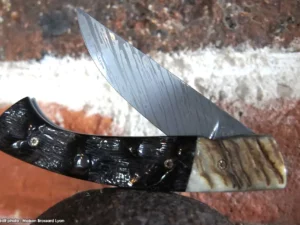 couteau art Manu Laplace 1515 Collection africa corne de mouflon et d impala acier 14c28n gravure eau forte entretoise fleche gravure vie sauvage