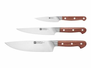 Set de trois couteaux Zwilling Pro Wood en kotibé, lames de 20, 16 et 10 cm, sans support