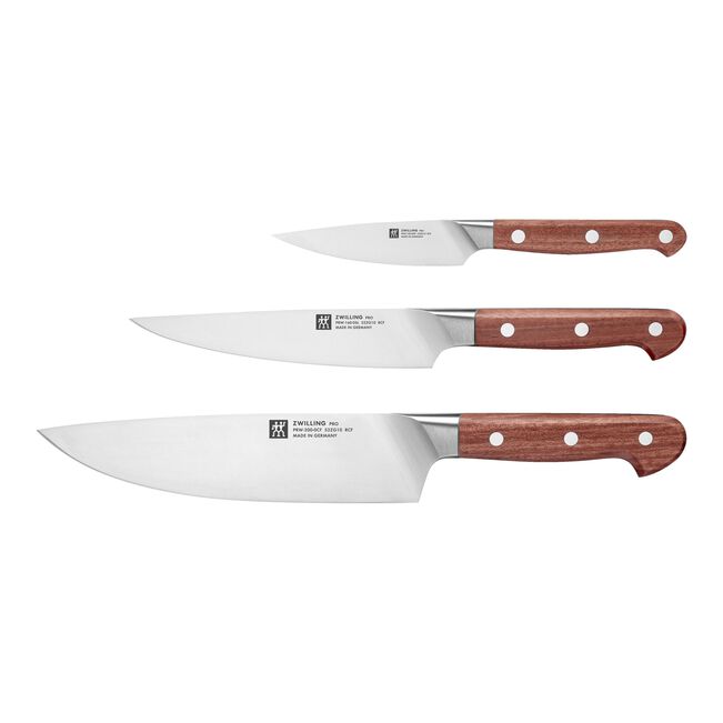 Set de trois couteaux Zwilling Pro Wood en kotibé, lames de 20, 16 et 10 cm, sans support